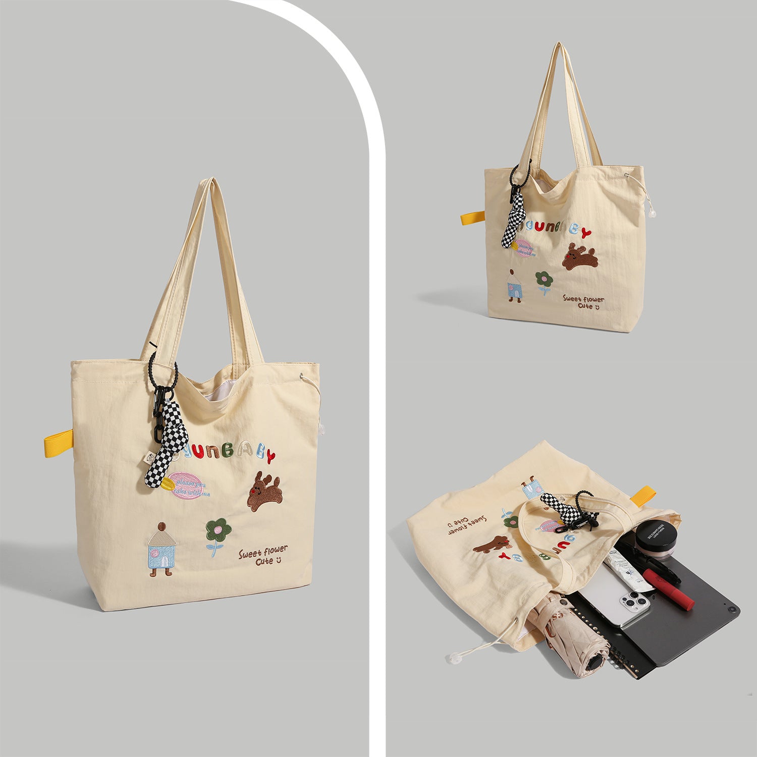 Giftwowo 1PC GIFTWOWO Embroidered Cartoon Canvas Bag, Cute and Large Capacity Tote, College Style Artsy & Versatile, Ideal for Students and School Use