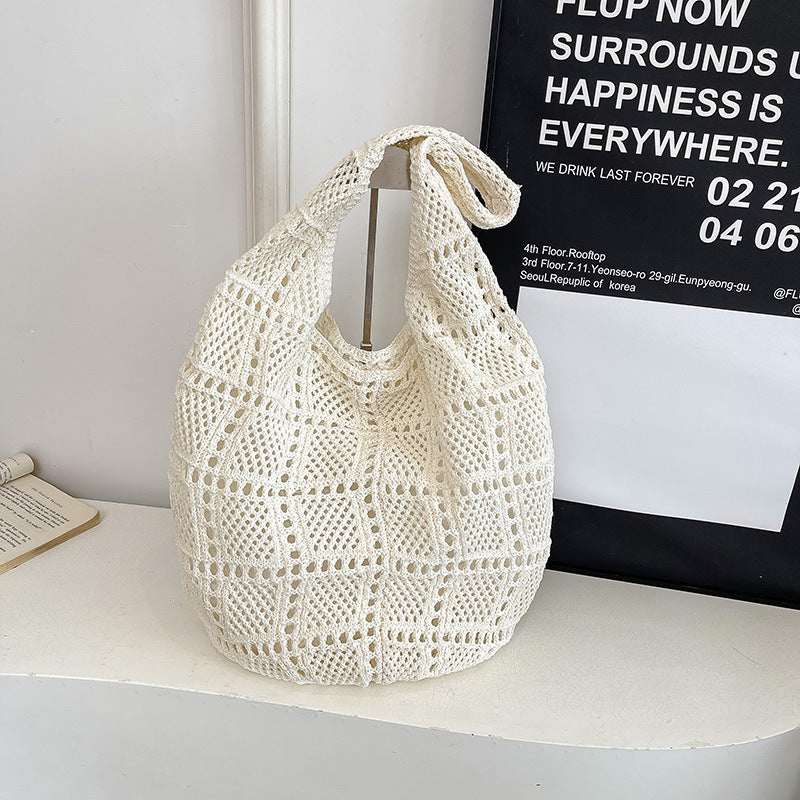 Giftwowo 1PC Forest Style Versatile Knit Shoulder Bag, Thickened Beach Vacation Tote, Woven Net Design, Large Capacity Handbag for Sand and Sea