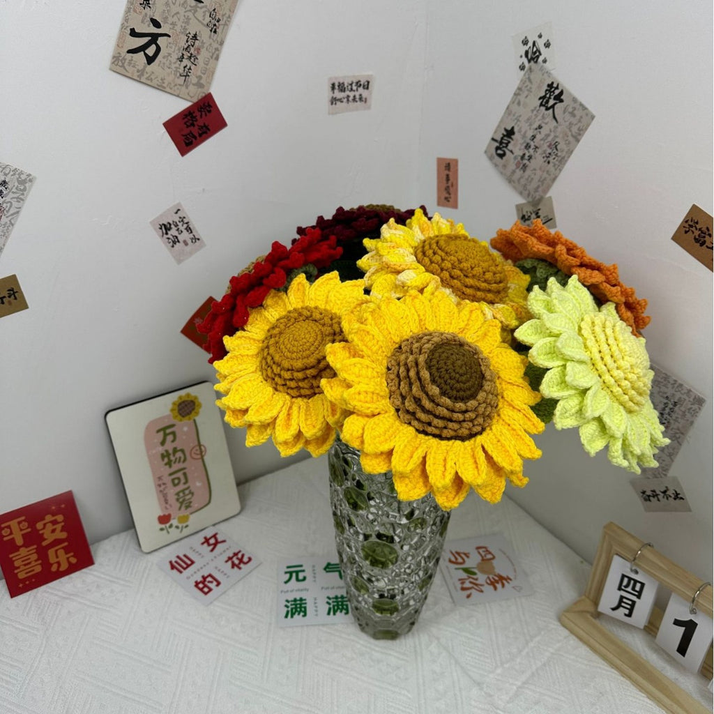 Giftwowo 1PC Handcrafted Double-Layered Sunflower with Seeds – Crochet Faux Flower Bouquet, Handmade Floral Arrangement for Tabletop Décor