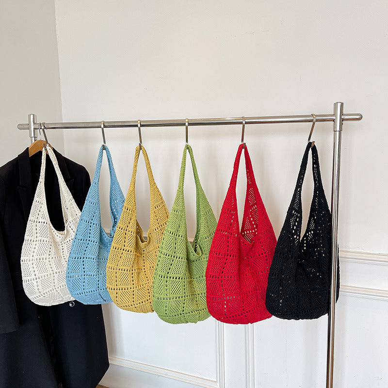 Giftwowo 1PC Forest Style Versatile Knit Shoulder Bag, Thickened Beach Vacation Tote, Woven Net Design, Large Capacity Handbag for Sand and Sea