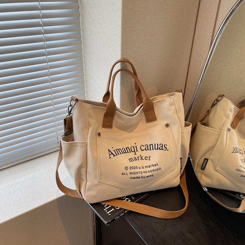 Giftwowo 1PC Large Capacity Letter Tote Bag, Pure Color Stylish Handheld Canvas Bag, Fashionable Simple Shoulder Handbag