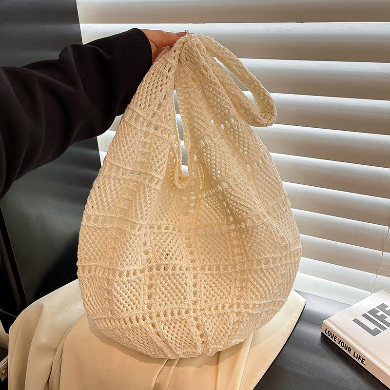 Giftwowo 1PC Forest Style Versatile Knit Shoulder Bag, Thickened Beach Vacation Tote, Woven Net Design, Large Capacity Handbag for Sand and Sea