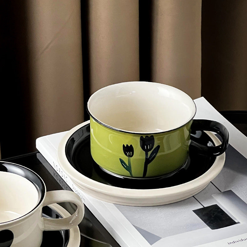 Giftwowo 1PC Ceramic Coffee Cups and Saucers Delicate Printing Afternoon Tea Drinkware Brekfast Cup Pastry Plate Gift