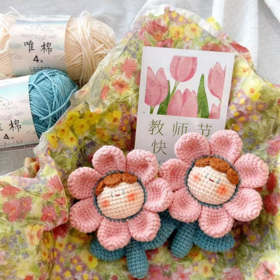 Giftwowo Handmade Rainbow Yarn Flower Dumpling Keychain – DIY Knitting Kit, Colorful Dopamine Style Wool Ball Bag Charm Gift