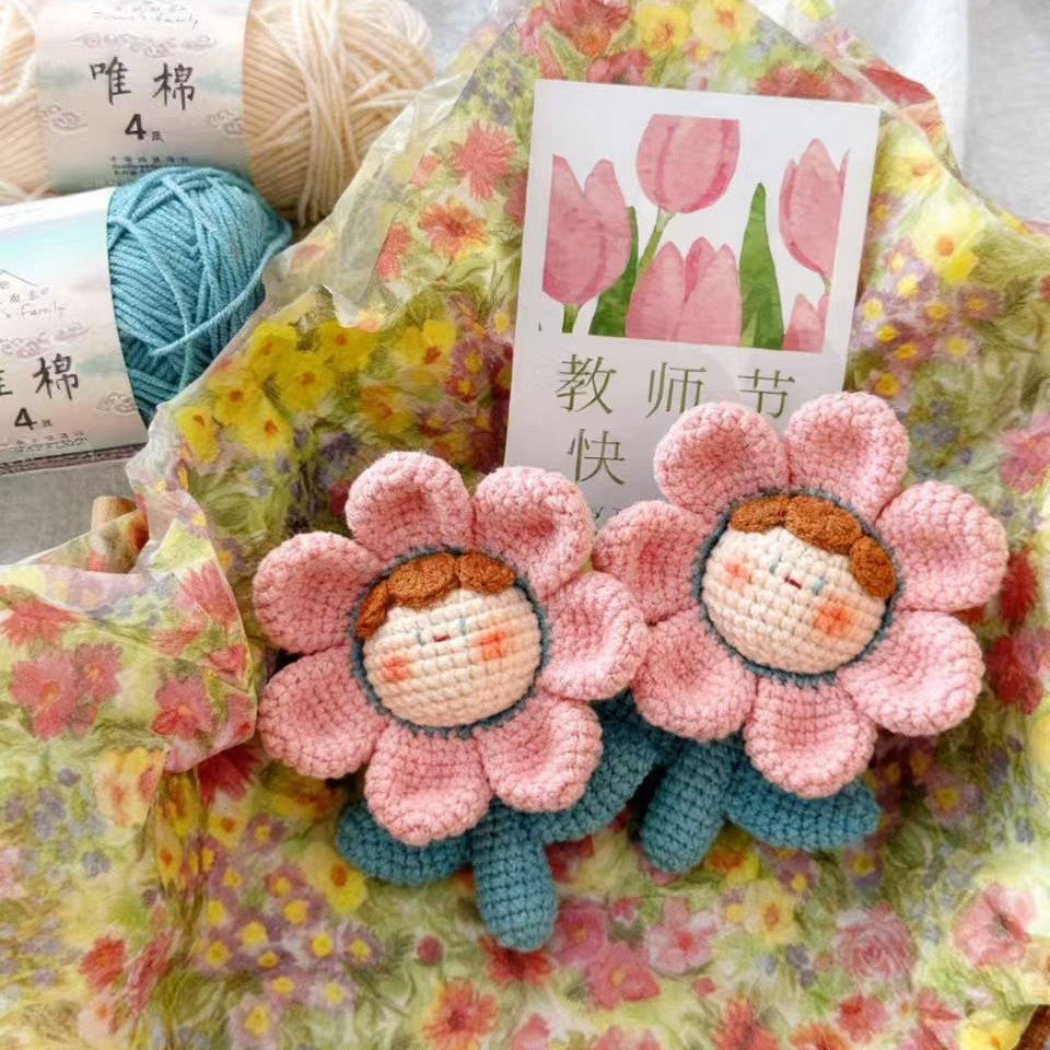 Giftwowo Handmade Rainbow Yarn Flower Dumpling Keychain – DIY Knitting Kit, Colorful Dopamine Style Wool Ball Bag Charm Gift