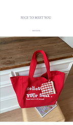 Giftwowo 1PC Red Shoulder Bag Casual Korean Canvas Tote Bag Wommen Shopping Bag Large Capacity College Style
