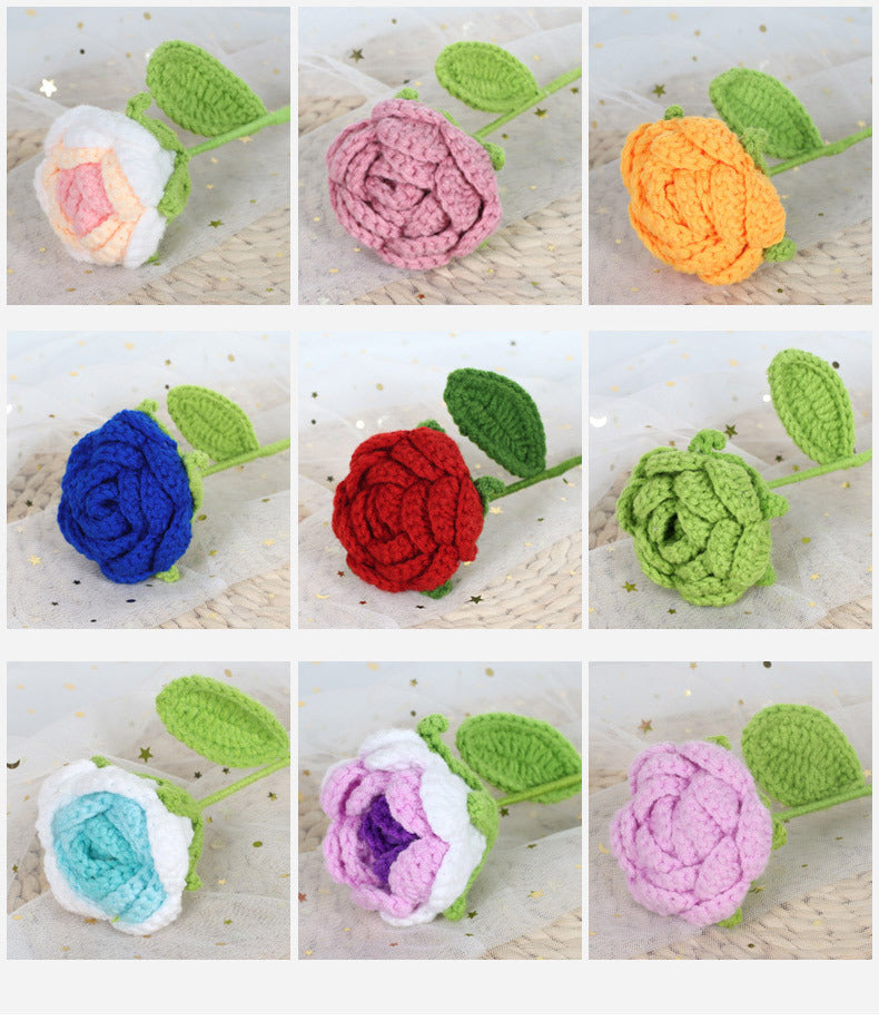 Giftwowo 1PC Finished Knitting Crochet, Rose Flowers Wedding Bridal Artificial Flowers Valentine's Day Gift Birthday Party Home Table Decor