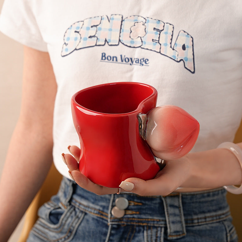 Giftwowo Creative Peach Shaped Handle Mug, Korean INS Cute Heart-shaped Cup Mouth Ceramic Coffee Cup, Modern Household Water Cup