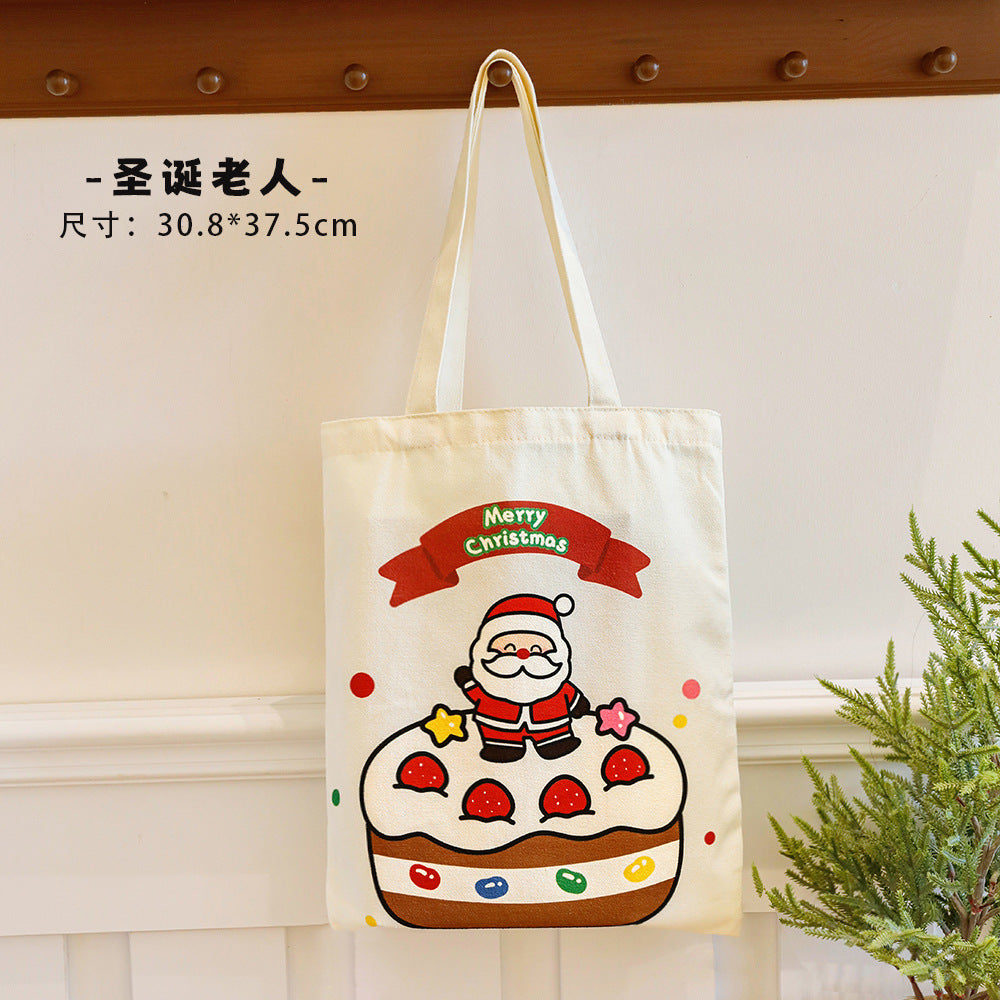 Giftwowo 1PC Cartoon Santa Canvas Bag – Large Capacity Tote for Students, Christmas Gift Bag, Reusable Shoulder Bag