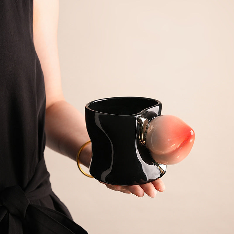 Giftwowo Creative Peach Shaped Handle Mug, Korean INS Cute Heart-shaped Cup Mouth Ceramic Coffee Cup, Modern Household Water Cup