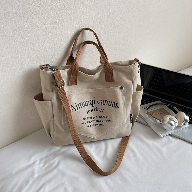 Giftwowo 1PC Large Capacity Letter Tote Bag, Pure Color Stylish Handheld Canvas Bag, Fashionable Simple Shoulder Handbag