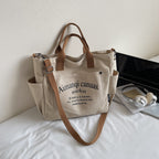 Giftwowo 1PC Large Capacity Letter Tote Bag, Pure Color Stylish Handheld Canvas Bag, Fashionable Simple Shoulder Handbag