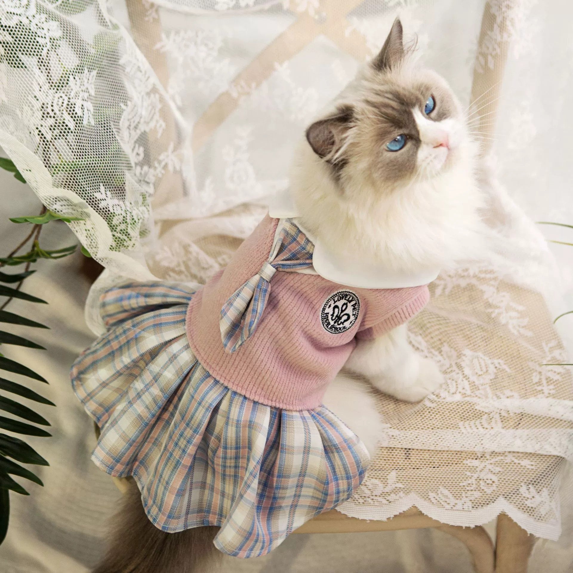 Giftwowo Dog and Cat Clothes, Knitted JK Plaid Dress for Small Pets, Spring and Autumn Comfortable Pet Apparel