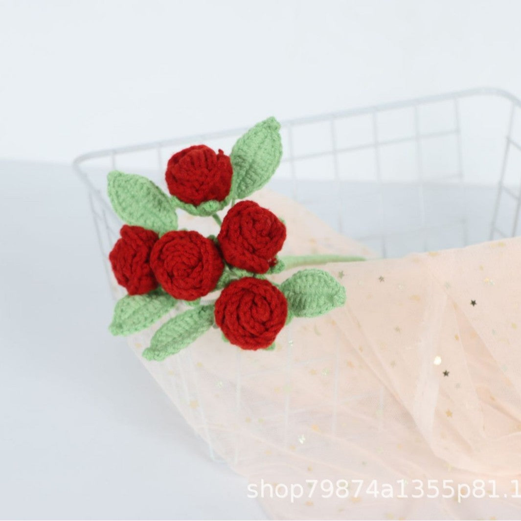 Giftwowo Handmade Multi-Head Bubble Rose Yarn Flower Bouquet - Crochet Faux Roses for Valentine's Day & Qixi Festival Gifts, Handmade Yarn Flowers