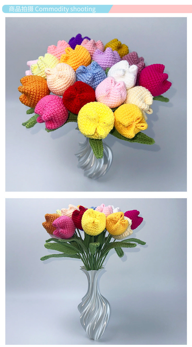 Giftwowo 1PC Chubby Tulip Yarn Flowers – Handcrafted Crochet Tulip Bouquet, Ready-to-Display Handmade Gift, Yarn Flower Arrangement