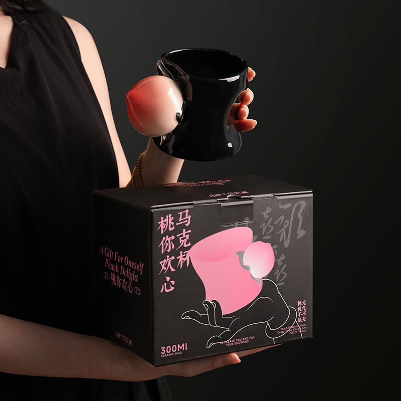 Giftwowo Creative Peach Shaped Handle Mug, Korean INS Cute Heart-shaped Cup Mouth Ceramic Coffee Cup, Modern Household Water Cup