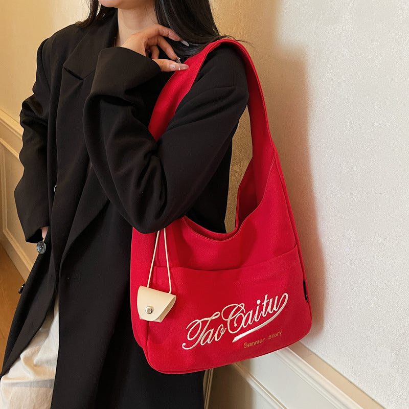 Giftwowo 1PC Red Girls Shoulder Bag Casual Canvas Tote Bag Wommen Shopping Bag Large Capacity College Style