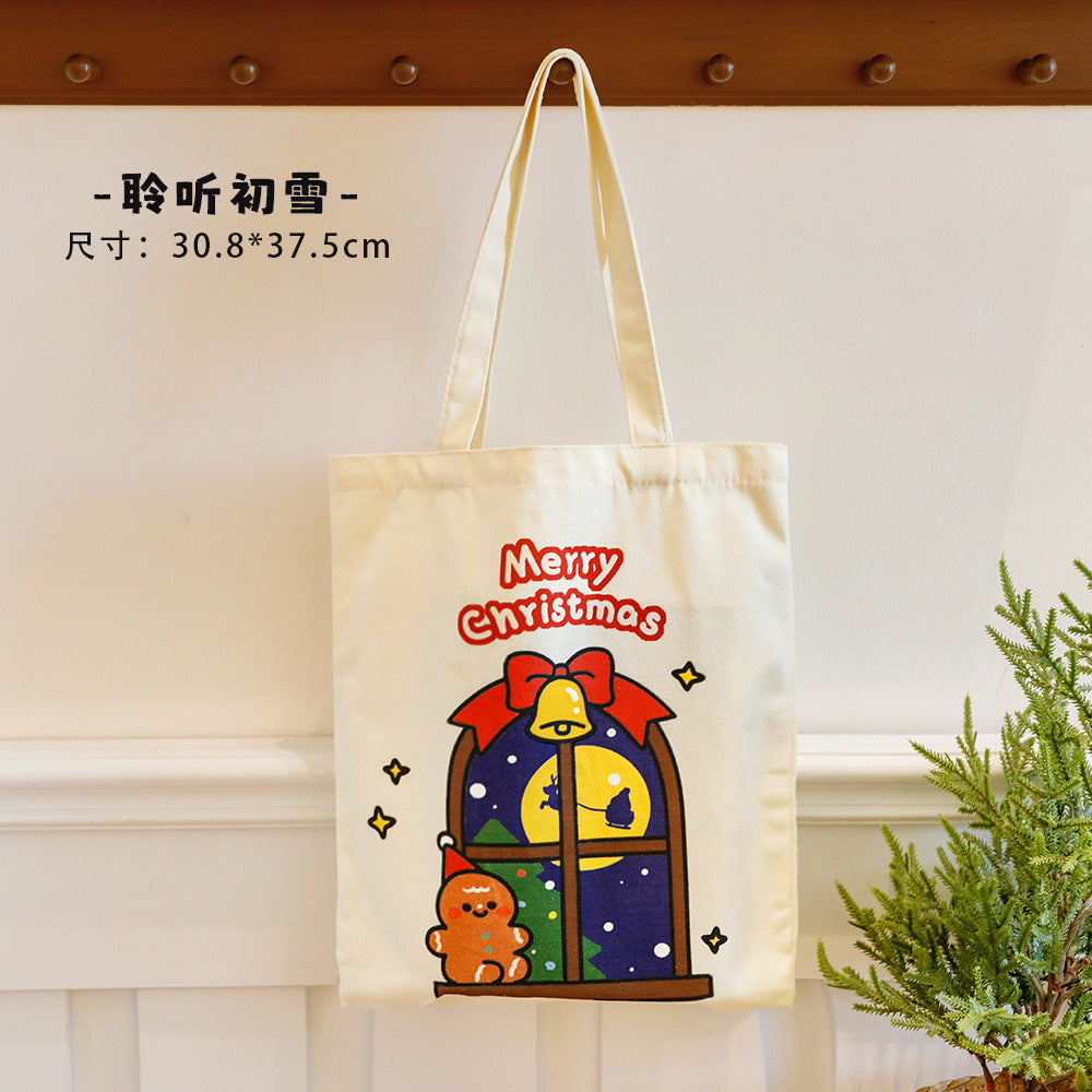 Giftwowo 1PC Cartoon Santa Canvas Bag – Large Capacity Tote for Students, Christmas Gift Bag, Reusable Shoulder Bag
