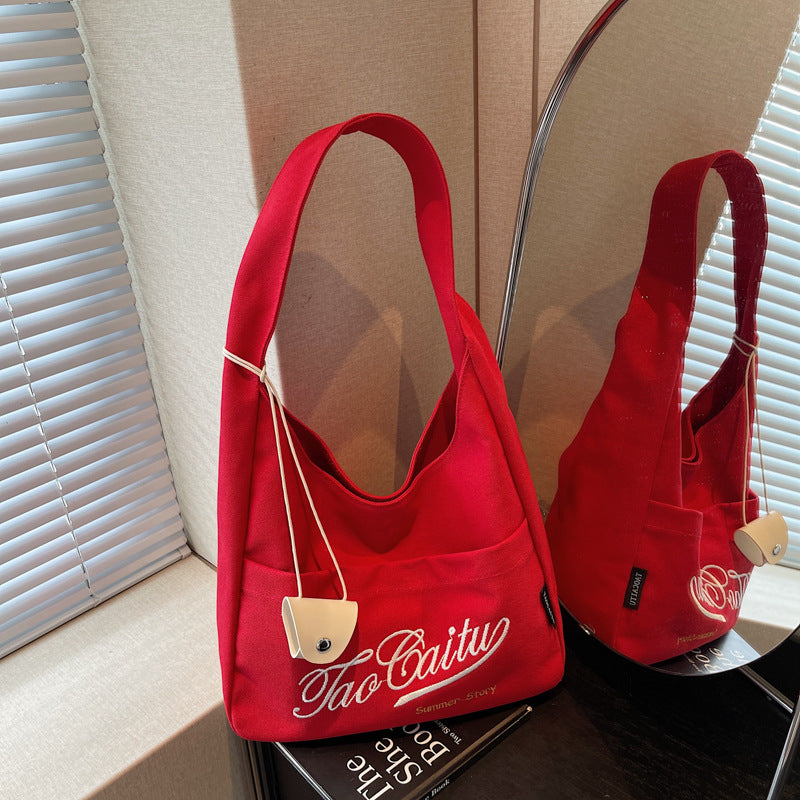 Giftwowo 1PC Red Girls Shoulder Bag Casual Canvas Tote Bag Wommen Shopping Bag Large Capacity College Style