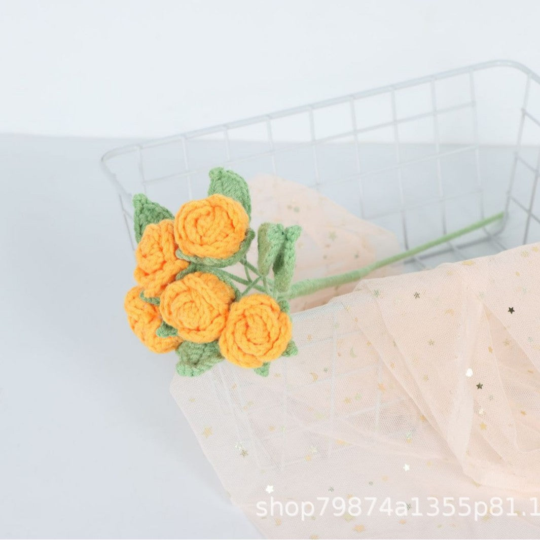 Giftwowo Handmade Multi-Head Bubble Rose Yarn Flower Bouquet - Crochet Faux Roses for Valentine's Day & Qixi Festival Gifts, Handmade Yarn Flowers