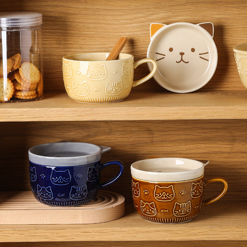 Giftwowo 1PC Cartoon Cat with Cover Coffee Cup Cute Breakfast Cup Creative Coffee Cup Milk Cup Wter Cup with Lid