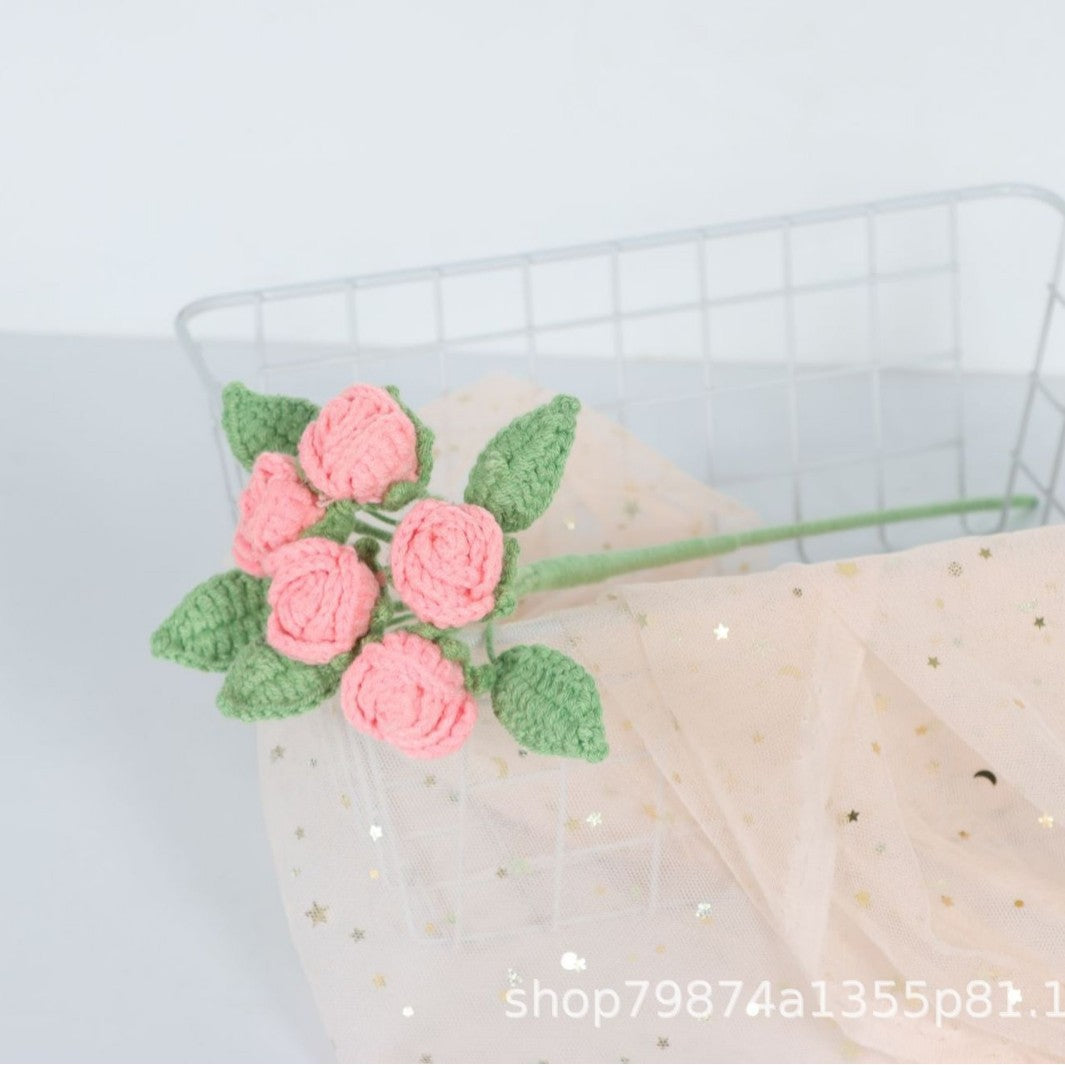 Giftwowo Handmade Multi-Head Bubble Rose Yarn Flower Bouquet - Crochet Faux Roses for Valentine's Day & Qixi Festival Gifts, Handmade Yarn Flowers