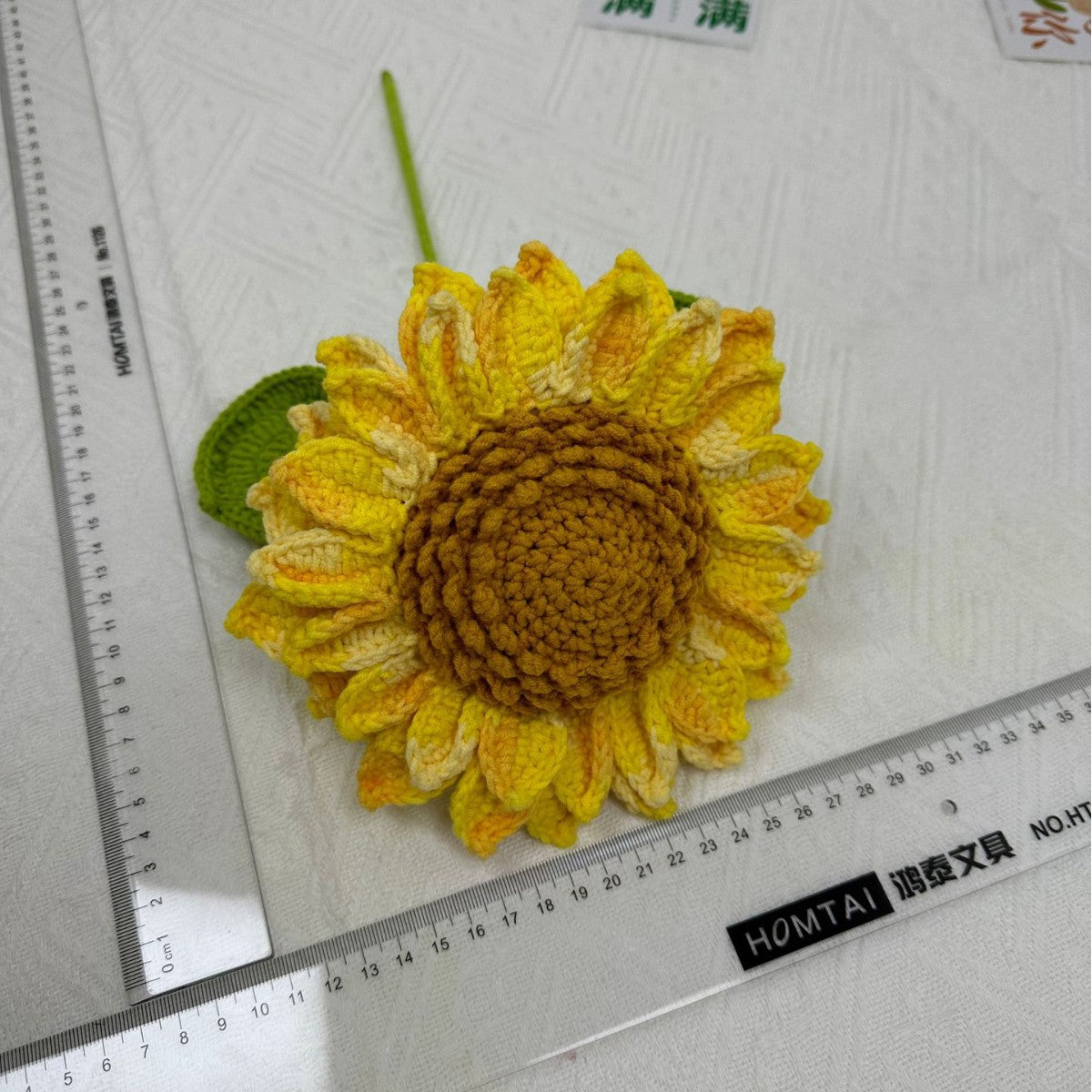 Giftwowo 1PC Handcrafted Double-Layered Sunflower with Seeds – Crochet Faux Flower Bouquet, Handmade Floral Arrangement for Tabletop Décor