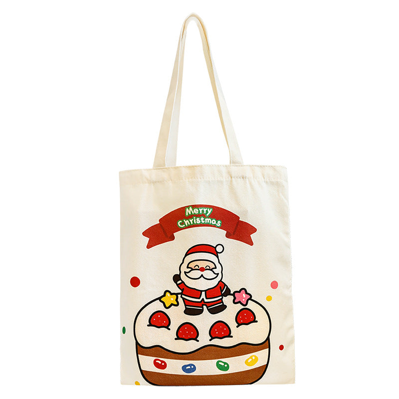 Giftwowo 1PC Cartoon Santa Canvas Bag – Large Capacity Tote for Students, Christmas Gift Bag, Reusable Shoulder Bag