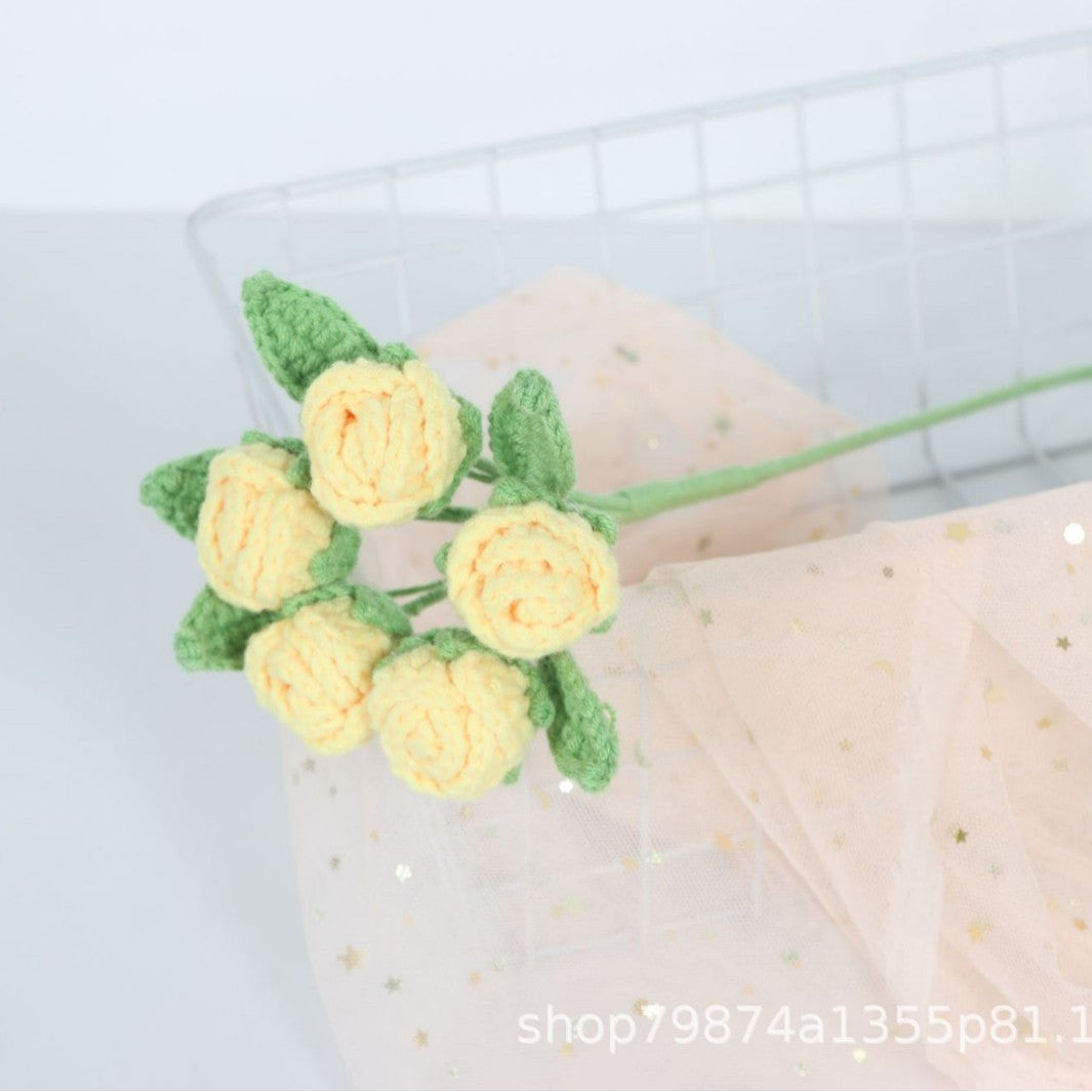 Giftwowo Handmade Multi-Head Bubble Rose Yarn Flower Bouquet - Crochet Faux Roses for Valentine's Day & Qixi Festival Gifts, Handmade Yarn Flowers