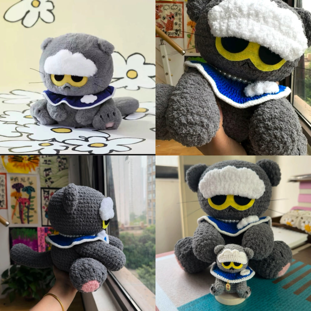 Giftwowo Handmade Yarn Crochet GD Zoa Doll Keychain, Cute Plush Gray Cat Pendant, Adorable Bag Charm