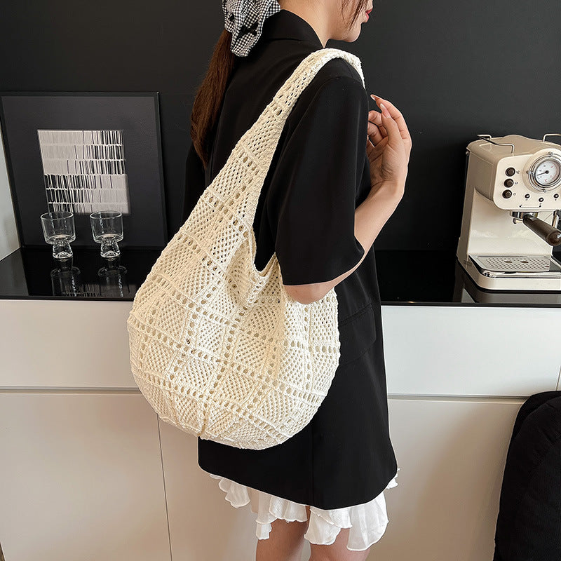 Giftwowo 1PC Forest Style Versatile Knit Shoulder Bag, Thickened Beach Vacation Tote, Woven Net Design, Large Capacity Handbag for Sand and Sea