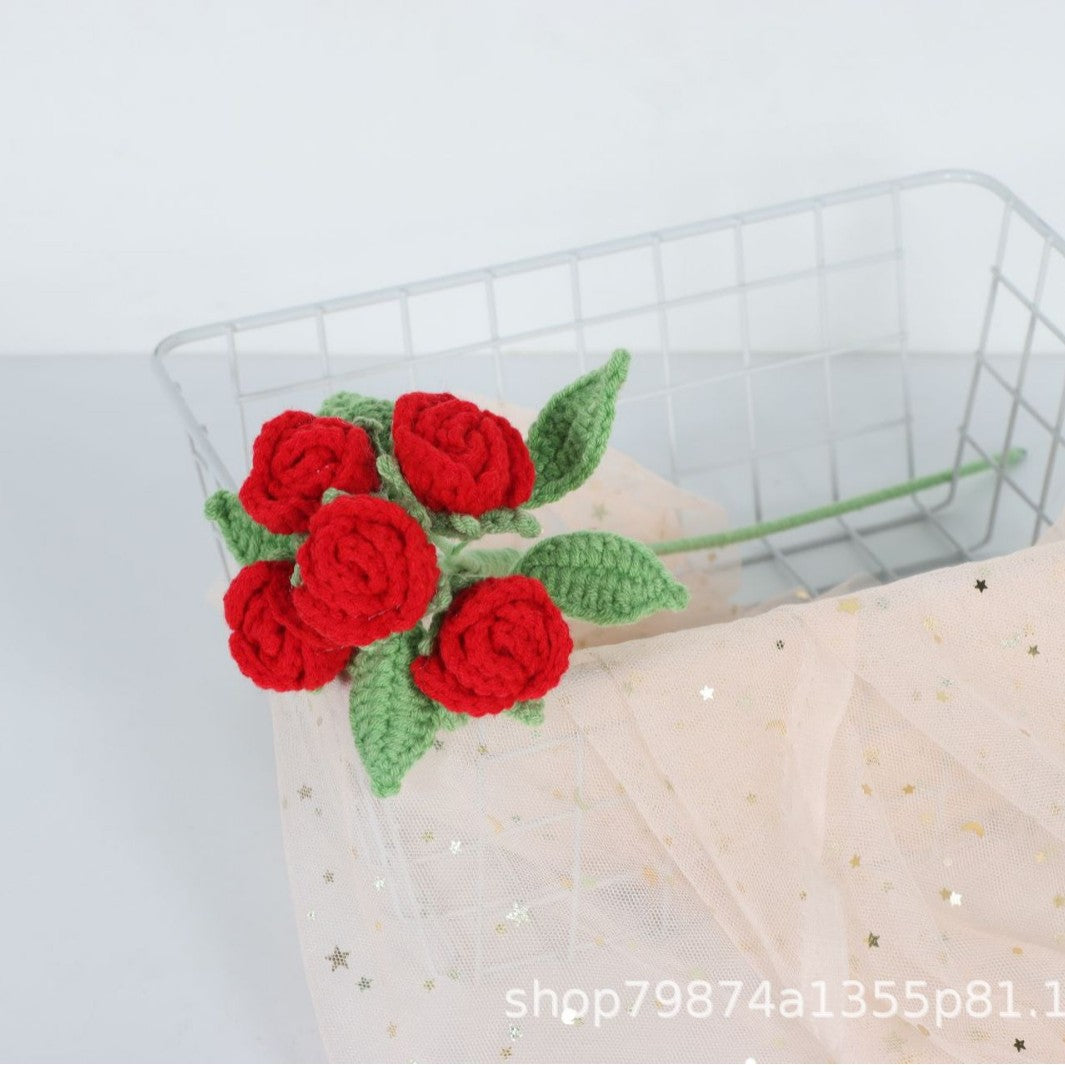 Giftwowo Handmade Multi-Head Bubble Rose Yarn Flower Bouquet - Crochet Faux Roses for Valentine's Day & Qixi Festival Gifts, Handmade Yarn Flowers