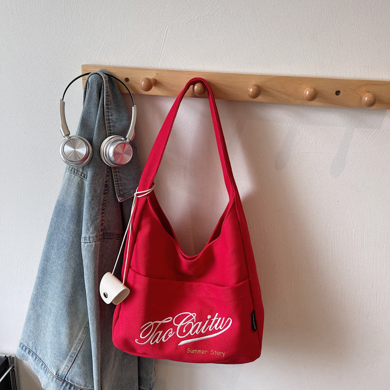 Giftwowo 1PC Red Girls Shoulder Bag Casual Canvas Tote Bag Wommen Shopping Bag Large Capacity College Style