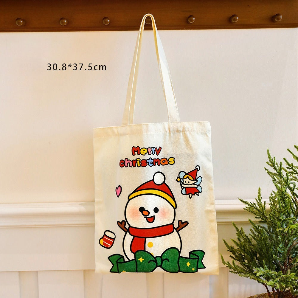 Giftwowo 1PC Cartoon Santa Canvas Bag – Large Capacity Tote for Students, Christmas Gift Bag, Reusable Shoulder Bag