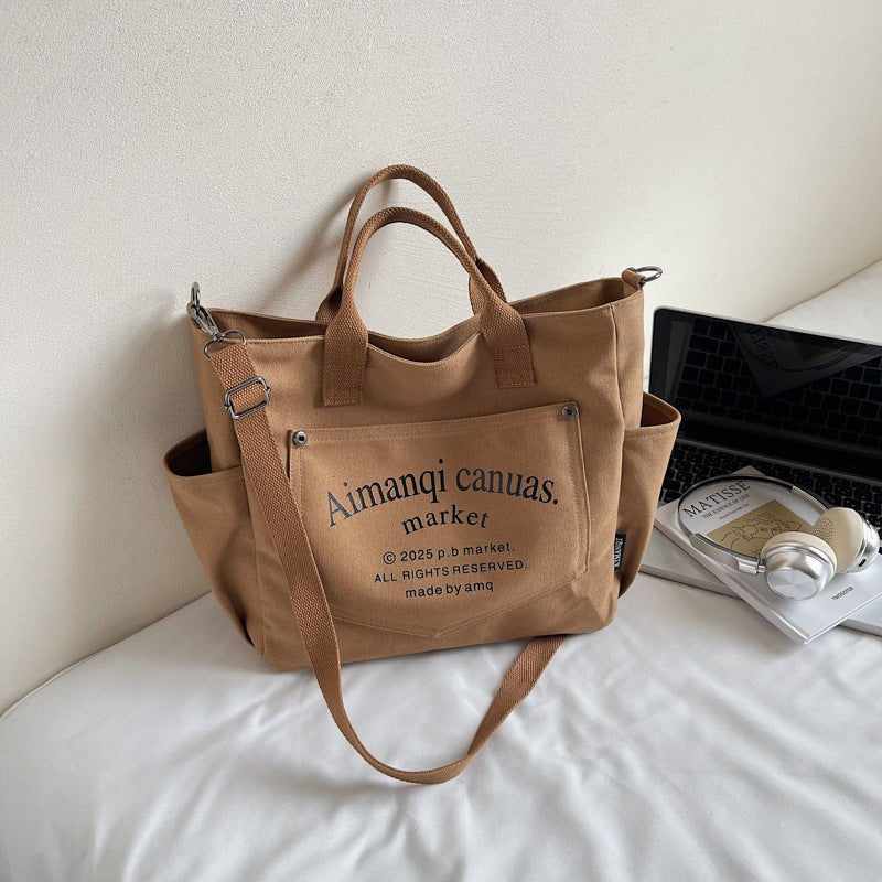 Giftwowo 1PC Large Capacity Letter Tote Bag, Pure Color Stylish Handheld Canvas Bag, Fashionable Simple Shoulder Handbag