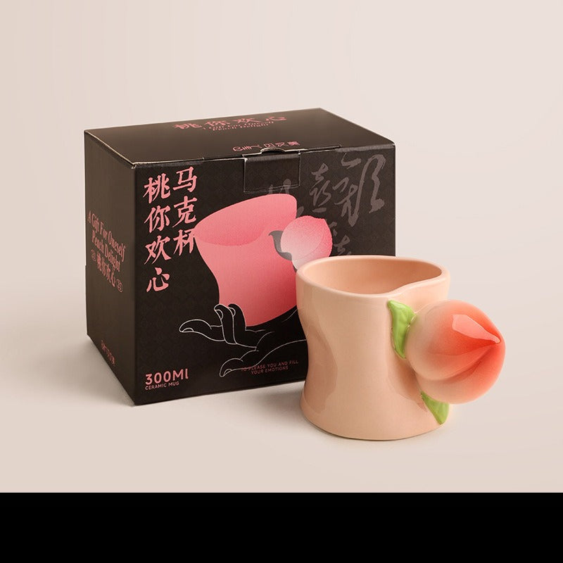 Giftwowo Creative Peach Shaped Handle Mug, Korean INS Cute Heart-shaped Cup Mouth Ceramic Coffee Cup, Modern Household Water Cup