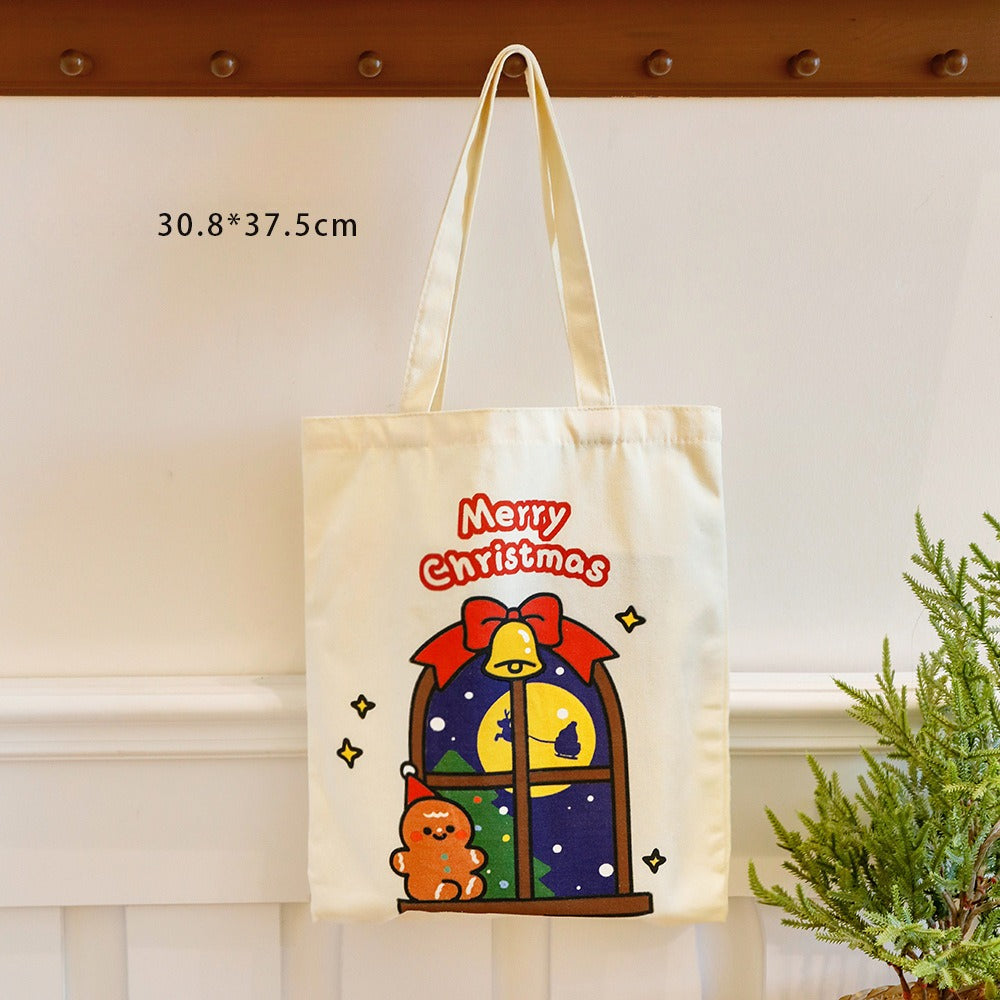 Giftwowo 1PC Cartoon Santa Canvas Bag – Large Capacity Tote for Students, Christmas Gift Bag, Reusable Shoulder Bag