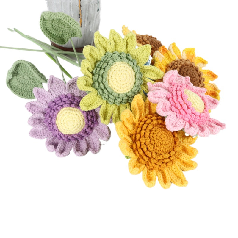 Giftwowo Handmade Single-Layer Sunflower Bouquet - Light Green Yarn Sunflower, Perfect Gift for Any Occasion
